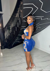 Elegant Blue Beading Mini Birthday Dress