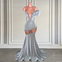 Elegant Grey Velvet Mermaid Prom Dress with Sheer Mesh