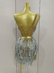Carrie Sparkly Rhinestone Sequins Tassel Mesh One Shoulder Short Dress