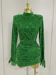 Ghee Sexy Shiny Green Sequin Long Sleeve Birthday Dress with Gloves