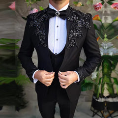Black Beaded Gemstone Appliqué Men's Tuxedo