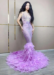 Chanel Sparkly Purple Rhinestone Feather Prom Dress