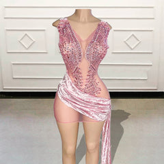 Crystal Beaded V Neck Sexy See Through Birthday Dress