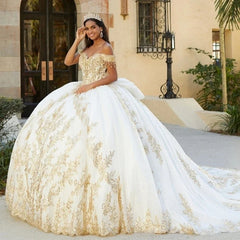 Gold Lace Applique Beads Quinceañera Dress