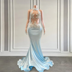 Elegant Light Blue Floral Beaded Appliques Mermaid Prom Dress
