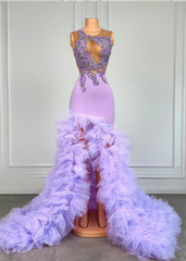 Elegant Purple Applique Beaded Long Prom Dress Sexy Slit