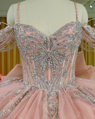 Blush Pink Glitter Quinceañera Ball Gown with Silver Appliqués