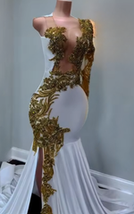 Elegant White Mermaid Luxury Gold Crystal Split One Shoulder Prom Dress