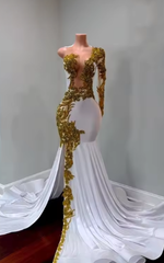 Elegant White Mermaid Luxury Gold Crystal Split One Shoulder Prom Dress