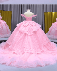 Baby Pink Off-Shoulder Feather Trim Ball Gown Quinceañera Dress