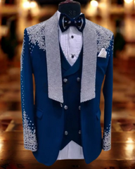 Glitter Ornament Sequins Tuxedo Men Suits Prom 3 Pieces Sets (Jacket, Vest & Pants)