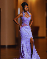 Glitter Luxury See Through Corset Sexy Split Lilac Purple Diamond Prom Dress