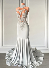 Elegant High Neck Mermaid Silver Beaded Applique Prom Dress