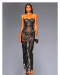 Ayanna Luxury Sequin Beaded Party Dress – Strapless Glitter Patchwork Mesh Gown