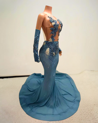 Glitter Light Blue Rhinestone Mesh Prom Dress
