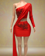 Denise One Shoulder Long Sleeve Rhinestone Birthday Dress - Ready to Ship