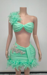 Essence Strapless Rhinestone Feather Two-Piece Dress with High-Waist Skirt