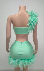 Essence Strapless Rhinestone Feather Two-Piece Dress with High-Waist Skirt