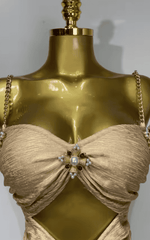 Emily Sexy Cut Out Beaded Bronzing Gold Midi Bandage Dress