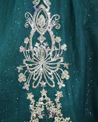 Emerald Green And Gold Lace Appliqué Ball Gown With Beaded Fringe Sleeves