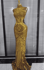Eve Luxury Mirror Rhinestone Hollow Out Long Dress