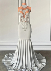 Elegant High Neck Mermaid Silver Beaded Applique Prom Dress