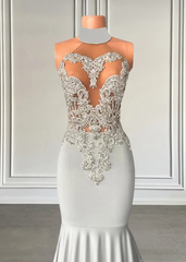 Elegant High Neck Mermaid Silver Beaded Applique Prom Dress