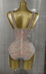 Emilia Sparkly Crystal Diamond Sleeveless V Neck Bodycon Bodysuit