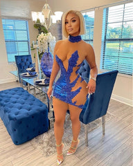 Elegant Blue Beading Mini Birthday Dress