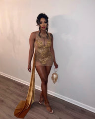 Gold Crystal Beading Mermaid Birthday Dress With Train
