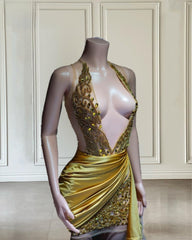 Gold Rhinestone Beading Halter Birthday Dress