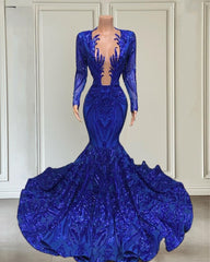 Glitter Long Sleeves Sheer Neck Mermaid Prom Dress