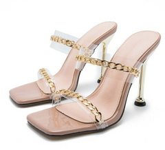 Fashion Chain Decoration PVC Transparent Strap Ladies Slippers Square Toe