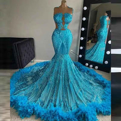 Glitter Blue Sexy Sheer Top Sparkly Sequin Feathers Prom Dress