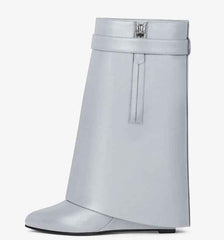 Fold Designer Wedge Heeled High Heel Boots Women Pointed Toe Shark Lock Height Increased Short Boots