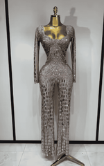 Eniko Shiny Silver Sequin Diamond Performance Jumpsuit