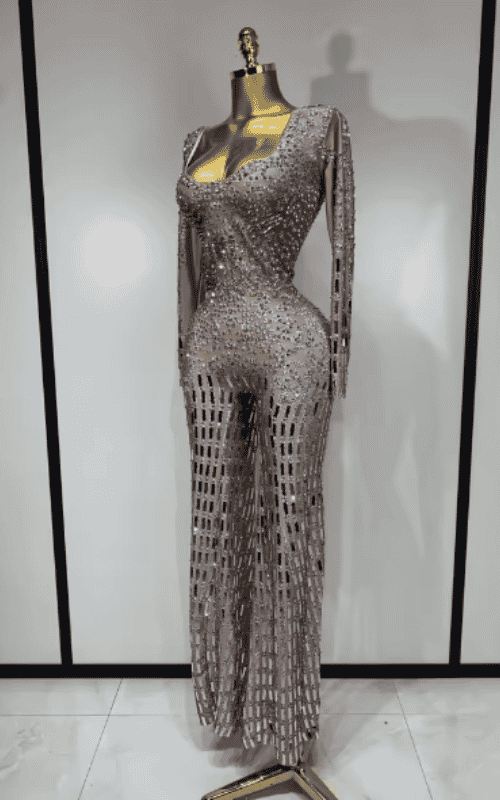 Eniko Shiny Silver Sequin Diamond Performance Jumpsuit