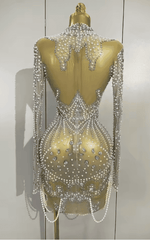 Abi Luxury Diamond Pearl Mesh Stretch Mini Dress