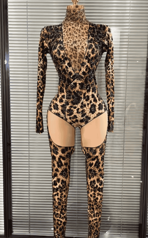 Azi Leopard Print Rhinestone Performance Two Piece Clubwear Set