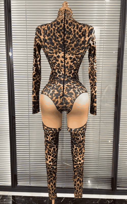 Azi Leopard Print Rhinestone Performance Two Piece Clubwear Set