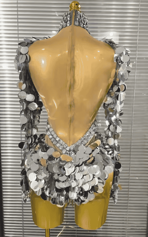 Farah Sparkly Silver Sequin Crystal Long Sleeve Mesh Bodycon Bodysuit