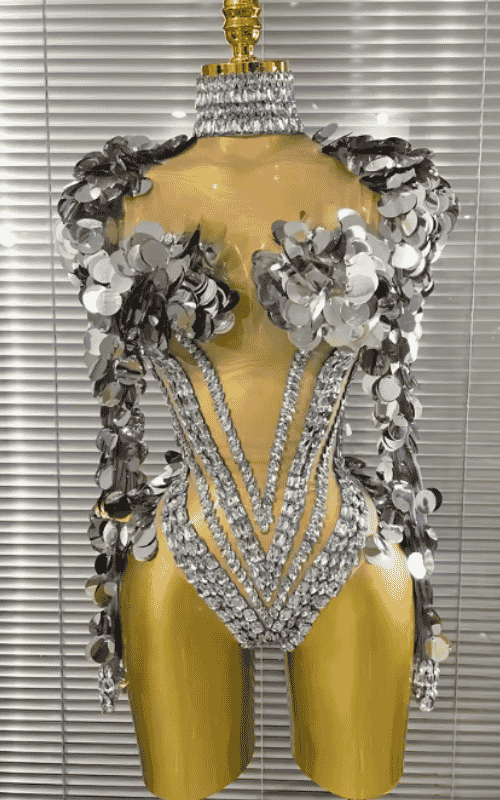 Farah Sparkly Silver Sequin Crystal Long Sleeve Mesh Bodycon Bodysuit