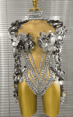 Farah Sparkly Silver Sequin Crystal Long Sleeve Mesh Bodycon Bodysuit