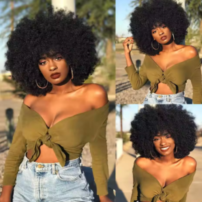 Glueless Afro Kinky Curly Wig With Bangs – Short Human Hair Wig for Black Women, Easy Wear & Go Full Machine Made Wig