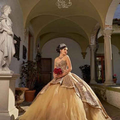 Gold Sweetheart Lace Appliques Beads Quinceanera Dress