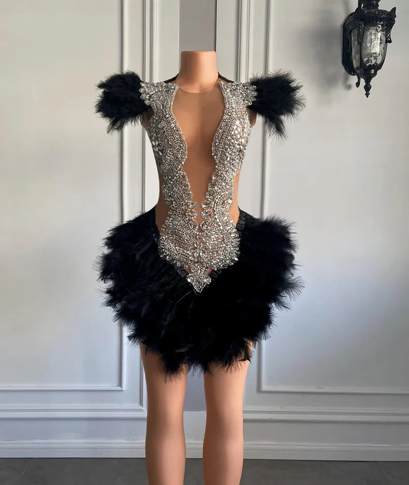 Fitted Beading Sequin Short Feathers Birthday Party Dress