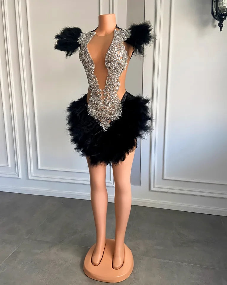 Fitted Beading Sequin Short Feathers Birthday Party Dress