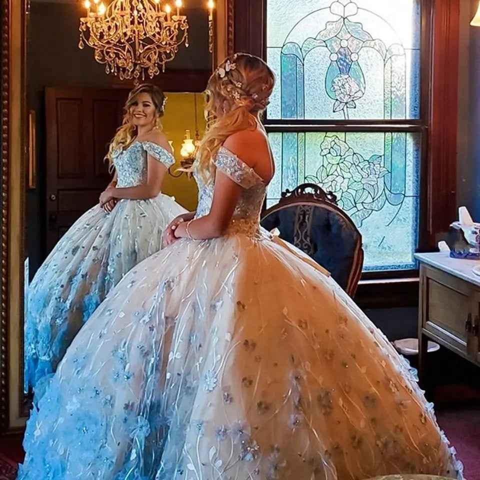 Baby Blue 3D Flowers Lace Sweetheart Quinceanera Dress