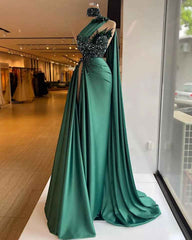 Emerald Green Beaded Satin Evening Dress