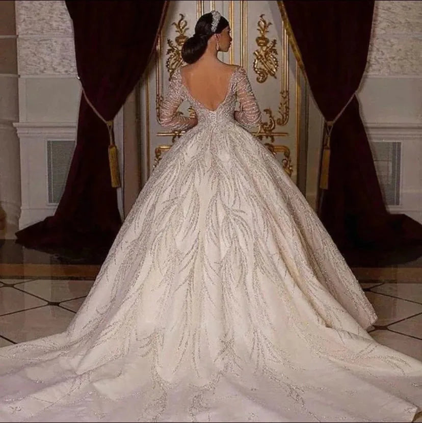 Glitter Ball Gown Wedding Dress with Sheer Neck